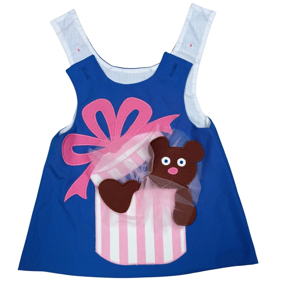 Vintage Chocolate Soup Blue Teddy Bear Gift Box Jumper Dress Kids Medium